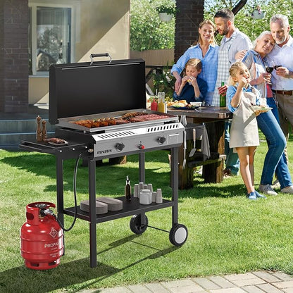 ROVSUN 2 Burner Outdoor Propane Gas Stove with Auto-ignition, Regulator & Shelf, 150,000 BTU Powerful Stand Cooker for Backyard Patio Cooking Home Brewing Canning Turkey Frying