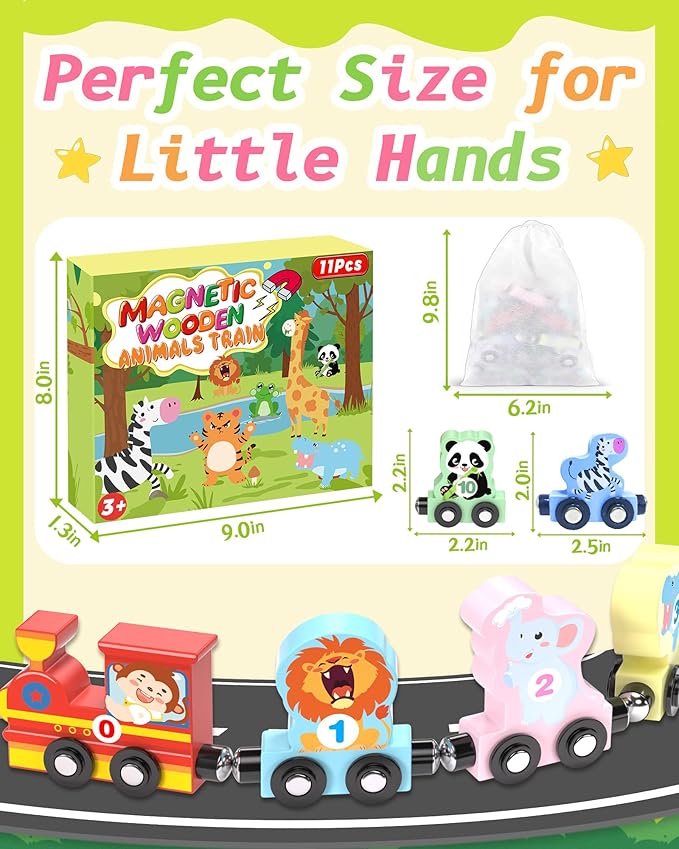 11 Pcs Magnetic Train Set Montessori Toys for 1 2 3 Years Old Toddlers Boys Girls, Wooden Animals Preschool Learning Activities Educational Sensory Toys Birthday Gifts Ages 1-3, 2-4