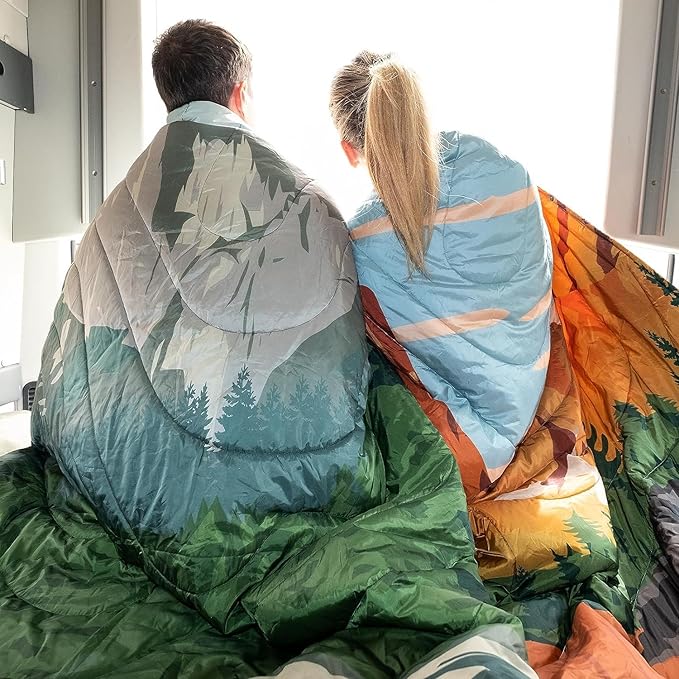 KingCamp Ultralight Camping Blanket, Packable Down Alternative Puffy Printed Wearable Blanket with Snap Buttons & Corner Loops Weatherproof Quilt for Outdoor Travel Stadium (79"L x 57"W, GREEN)