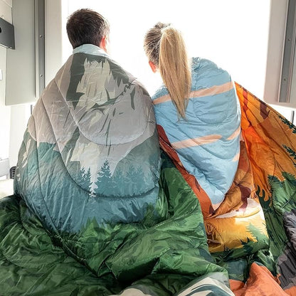 KingCamp Ultralight Camping Blanket, Packable Down Alternative Puffy Printed Wearable Blanket with Snap Buttons & Corner Loops Weatherproof Quilt for Outdoor Travel Stadium (79"L x 57"W, GREEN)