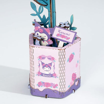 Hands Craft Lilac Hello Kitty and Friends Kuromi 3D Wooden Puzzle Kit | DIY Flower Model | Arts & Crafts for Adults & Kids | Creative Hobby Kits | Kuromi Character | Wood Building Set | Fun Gift