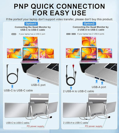 FOPO 16" Laptop Screen Extender Monitor Portable, Quad Monitor, Just 1 Cable