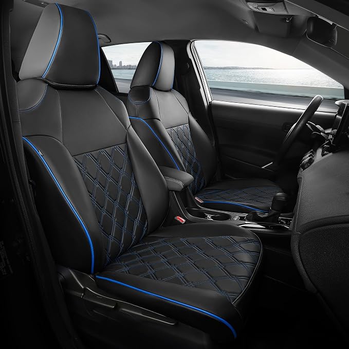 FREESOO for Toyota Corolla Seat Covers L LE XLE, LE Eco Sedan 2014 2015 2016 2017 2018 2019, Luxury Leather Seat Covers for Cars, Custom Fit Car Seat Covers, Waterproof Seat Cover, Black Blue Full Set