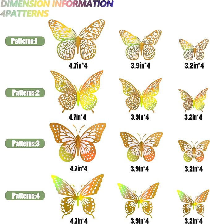 SAOROPEB 3D Butterfly Wall Decor - 48 Pcs, 4 Styles, 3 Sizes - Removable Gold Decorations for Birthday & Party Celebrations