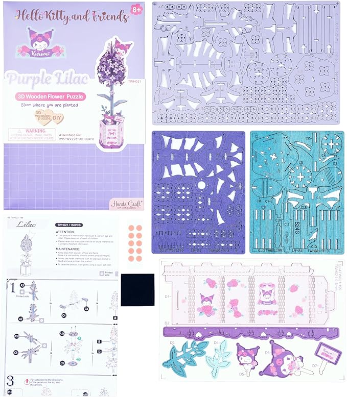 Hands Craft Lilac Hello Kitty and Friends Kuromi 3D Wooden Puzzle Kit | DIY Flower Model | Arts & Crafts for Adults & Kids | Creative Hobby Kits | Kuromi Character | Wood Building Set | Fun Gift