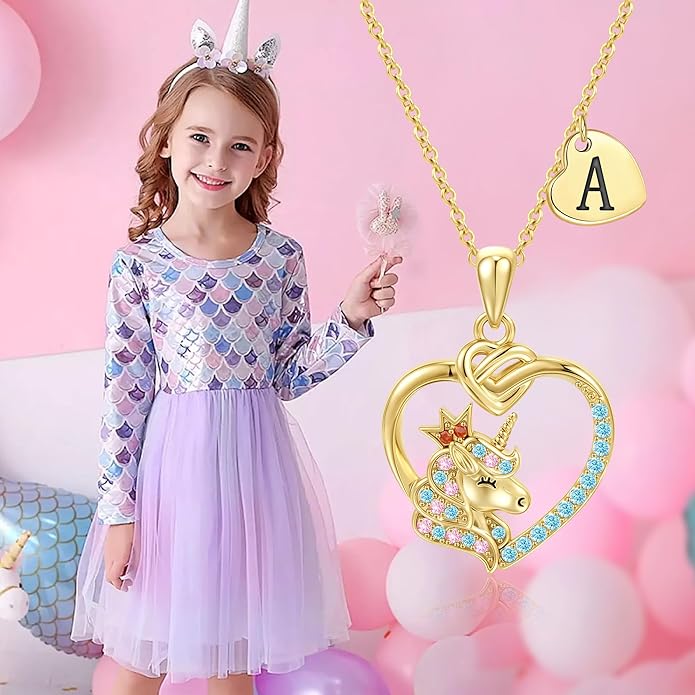 Unicorn Initial Necklaces for Girls Kids Women - 18K Really Gold Filled Unicorn Initial Letter Necklace Teen Girls Gifts Trendy Stuff Heart Letter Necklace for Women Girl Kids Gifts