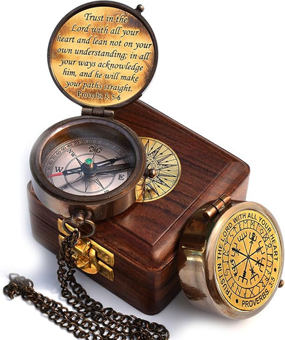 Trust in The Lord With All Your Heart - Proverbs 3:5-6 Quote Engraved Compass With Wooden Box, Greeting Card, Gift Compass, Graduation Day Gifts 2024 for Women Men Boys Girls