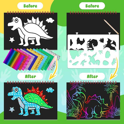 homicozy Art & Craft Activity for Kids - Foil Fun Dinosaurs & Scratch Art Book 2-in-1, No Mess Art Crafts for boys,DIY Creative Activity Kit,Gifts for Boys and Girls Ages 4, 5, 6, 7, 8, 9, Travel Toys