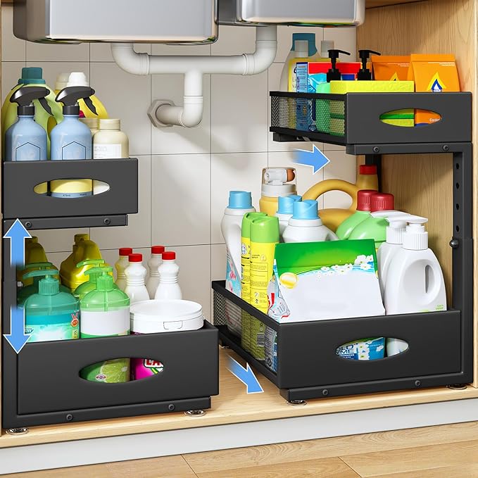 Under Sink Organizer, 2 Tier Pull Out Under Cabinet Organizer Shelf