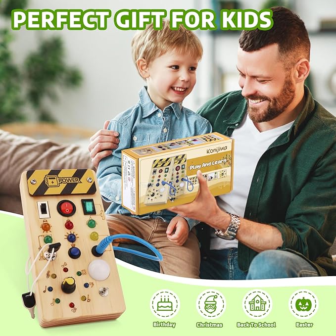 Busy Board with led Light， Sorting Sensory Travel Toys for Toddlers 1-3， Wooden Toddler Busy Board Montessori Toys for 1+ Year Old