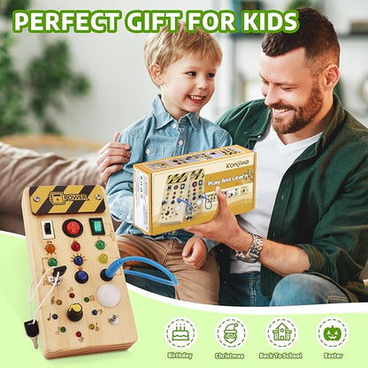 Busy Board with led Light， Sorting Sensory Travel Toys for Toddlers 1-3， Wooden Toddler Busy Board Montessori Toys for 1+ Year Old