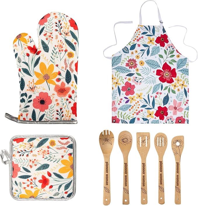 8 Pcs Kitchen Stuff Accessories Include 5 Cute Wooden Spoons & 1 Floral Kitchen