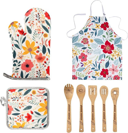 8 Pcs Kitchen Stuff Accessories Include 5 Cute Wooden Spoons & 1 Floral Kitchen