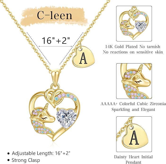 C-leen Unicorn Gifts for Girls Kids - Colorful CZ Heart Initial Necklaces Unicorn Necklace for Girls Jewelry Christmas Birthday Gifts for Little Girl