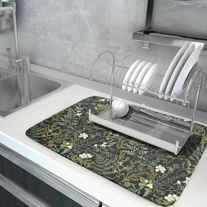 Green Plants Dish Drying Mat for Kitchen Counter Microfiber Absorbent Dish