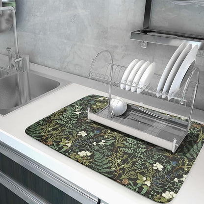 Green Plants Dish Drying Mat for Kitchen Counter Microfiber Absorbent Dish