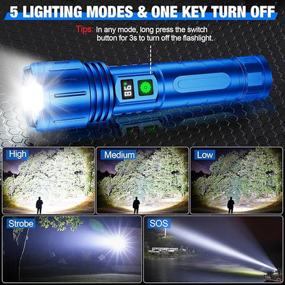 Flashlights High Lumens Rechargeable, Super Bright LED Powerful Flashlight, Type-C, 5 Modes, Zoomable, IPX5 Waterproof High Powered Tactical Flash Light for Emergency Camping,Blue