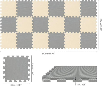 qqpp EVA Rubber 18 Tiles Interlocking Puzzle Foam Floor Mats - Baby Play Mat for Playing | Exercise Mat for Home Workout. Beige, Gray. QC-JLb18N