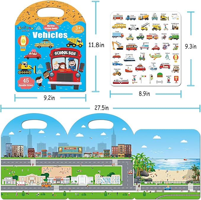 Reusable Sticker Books for Toddlers, Jelly Sticker Books for Kids, Vehicle Stickers for Kids