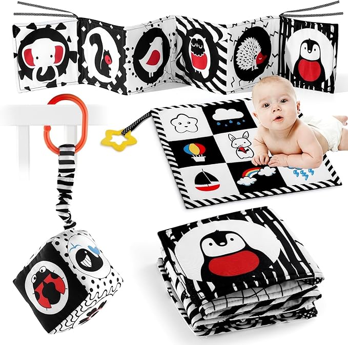 SAMMAS 3 Pcs Black and White High Contrast Baby Toys, 0-6 Months, Sensory Soft Book, Montessori Toys for Babies