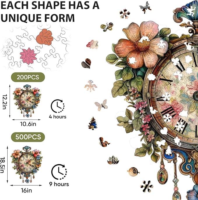 Jiroinlly Wooden Jigsaw Puzzles, Flower Clock Wooden Puzzles for Adults 200 Pieces, Unique Shaped Wood Puzzle, Beautiful Package, Best Gift Toys for Adults and Kids, Family Game,12.2'' x 10.6''