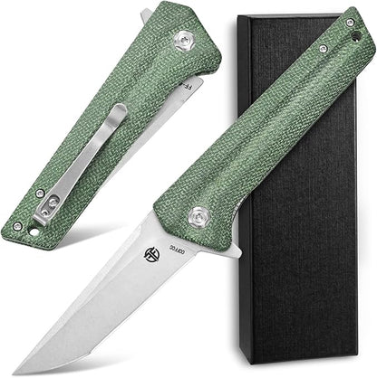 FF4 Folding Knife, AUS-10 Steel Blade Micarta Handle Knife for Outdoor Camping Hunting Fishing Survival(Green)