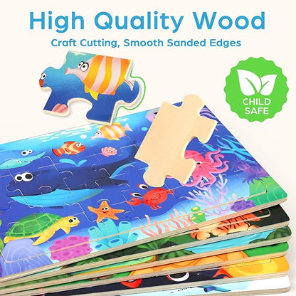 BenBen Puzzles for Kids Ages 4-6, 6 Pack 24 Piece Wooden Jigsaw Puzzles for Toddlers Ages 3-5, Preschool Learning Educational Toys for Boys Girls