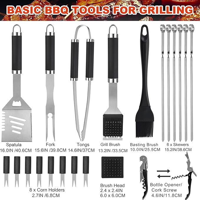 Grilljoy BBQ Accessories Grill Tools Set - 22PCS Stainless Steel Barbecue Grill Accessories for Outdoor Grill with Black Aluminum Case - Christmas Grilling Gifts for Men & Dad -Grill Tools Kit