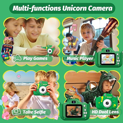 Upgrade Dinosaur Kids Camera, Christmas Birthday Gifts for Girls Boys 3-12, 1080P HD Selfie Digital Video Camera for Toddlers, Cute Portable Little Girls Boys Gifts Toys for 3 4 5 6 7 8 9 Years Old