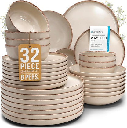 Stoneware dinnerware set 8 persons Rustic 32 pcs - Rustic design dinnerware set, dishwasher safe - Bowl and plate set - Pure Living dinnerware in beige…