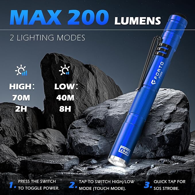 FORTO LED Pen Light, 200 Lumens Pocket Flashlight, IP67 Waterproof, 2 Modes, 2 Pack with AAA Batteries, Lightweight & Durable for Inspection, Medical Use, Emergency(Blue)