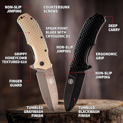 Off-Grid Knives - Rapid Fire Stinger, Assisted Spear Point Blade, Hard Use Build, Tactical, Camping & Survival EDC, Cryo D2 Steel, G10 Scales, Deep Pocket Carry (Coyote)