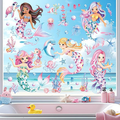 decalmile Under The Sea Mermaid Double Sided Window Clings Ocean Animal Whale Turtle Jellyfish Anti-Collision Glass Doors Window Stickers Decals