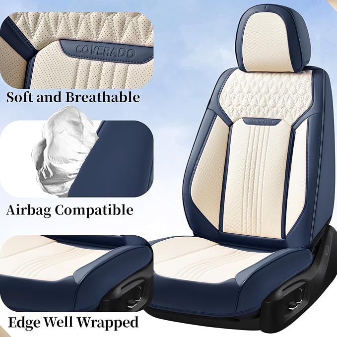 Coverado Car Seat Covers Full Set, Front Seat Cover and Back Seat Covers for Cars, Faux Leather Waterproof Seat Covers, Universal Seat Covers for Most Vehicles (Air Backrest-Blue&White, FullSet)