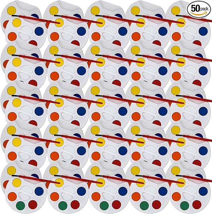 Color Swell Bulk Watercolors Round Paint Pack with Brushes - 50 Sets with 5 Washable Colors Each - Great for Kids, Classrooms, Parties, Students, Donations, Party Favors, All Ages