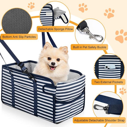 Portable Dog Car Seat for Small Dogs - Adjustable Safety Leash, Washable Cushion & Storage Pocket - Pet Booster Seat for Car Travel- Blue Stripes