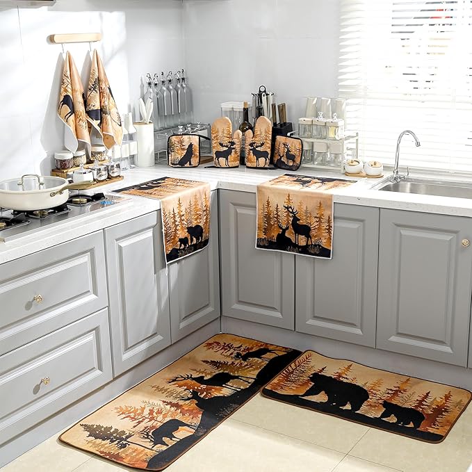 Fourluoo 10 Pcs Farmhouse Kitchen Decor Set 4 Brown Bear Kitchen Towels 2