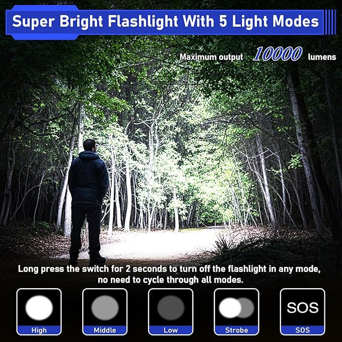 JAY-PARK High Lumen Flashlight - 10000 Lumens, Rechargeable 5000mAh with LCD Display, Zoomable Long Beam (3000m), IP67 Waterproof, 5 Modes & Belt Clip - for Camping, Dog Walking