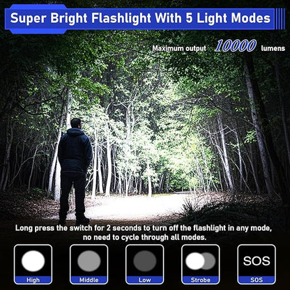 JAY-PARK High Lumen Flashlight - 10000 Lumens, Rechargeable 5000mAh with LCD Display, Zoomable Long Beam (3000m), IP67 Waterproof, 5 Modes & Belt Clip - for Camping, Dog Walking