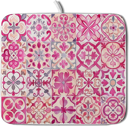 Pink Mexican Tiles Dish Drying Mat Absorbent Microfiber Dish Drying Pad