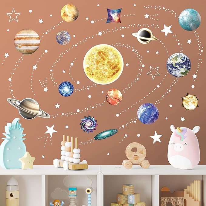 Glow in The Dark Stars and Planets for Ceiling, Glow Solar System Wall Stickers, Space Wall Decals for Kids Boys Room (Blue)