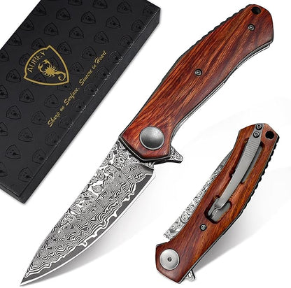 AUBEY Damascus Folding Pocket Knife Handmade with Clip for Men, Damascus Hunting Knife EDC Knife with Liner Lock for Outdoor Survival Camping Collection, Wooden Handle