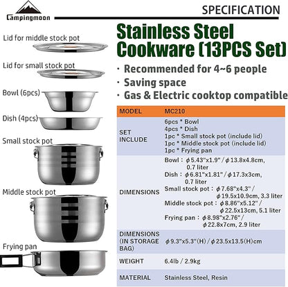 CAMPINGMOON Camping Cookware Set Stainless Steel Outdoor Nesting Cooking Mess Kit Pots Pans Bowls with Storage Carrying Tote Bag