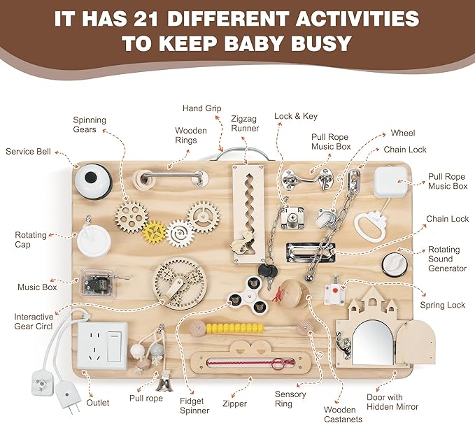 Wooden Montessori Busy Board for Toddlers, Montessori Sensory Activity Board Toys for Baby Kids, for Fine Motor Skills, Autism & ADHD