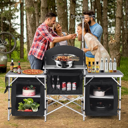 Camping Kitchen Table, Folding Table,Outdoor Cooking Table with Storage Carrying Bag, Aluminum Cook Station with Windscreen and 3 Multifunctional Storage Cupboards, BBQ, Outdoor, RV, Party