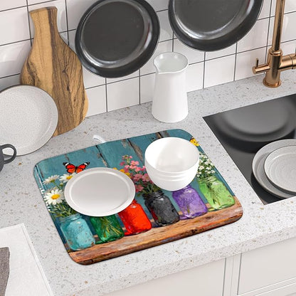 Small Dish Drying Mat for Kitchen Counter 16x18, Spring Summer Floral