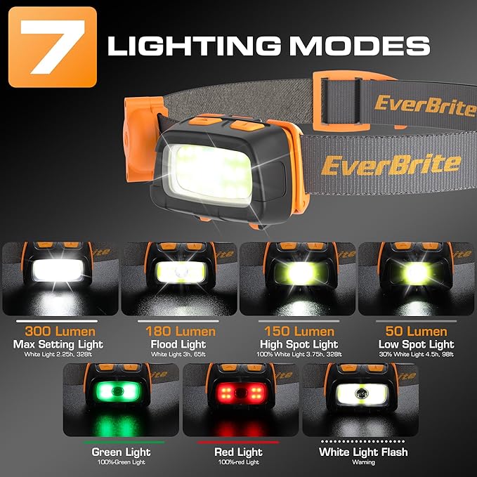 EverBrite 300 Lumens Headlamp with Red/Green/White Light Modes, Tail Light, Adjustable Headband - For Trail Running, Camping, Hiking