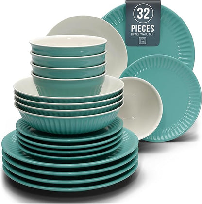 Stoneware Dinnerware Set for 8 People HYGGE 32-Piece - Elegant Scandi Design - Premium Dish Set - Bowl and Plate Set - Tableware for 8 People in a Ribbed Design - Pure Living in Green