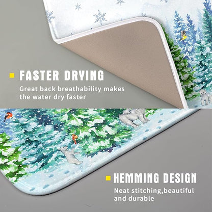 Watercolor Winter Dish Drying Pad Forest Kitchen Mat