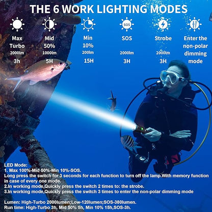Dive Light Scuba Diving Flashlight Dive Torch Rechargeable,3500Lumens 6 Modes Underwater Light,IPX8 Waterproof Flashlight, Safety Dive Lights with Power Indicator for Night Diving